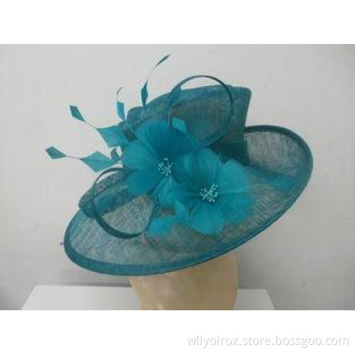 Blue Sinamay Ladies Hats Trimmed With Two Elegant Shaped Fe